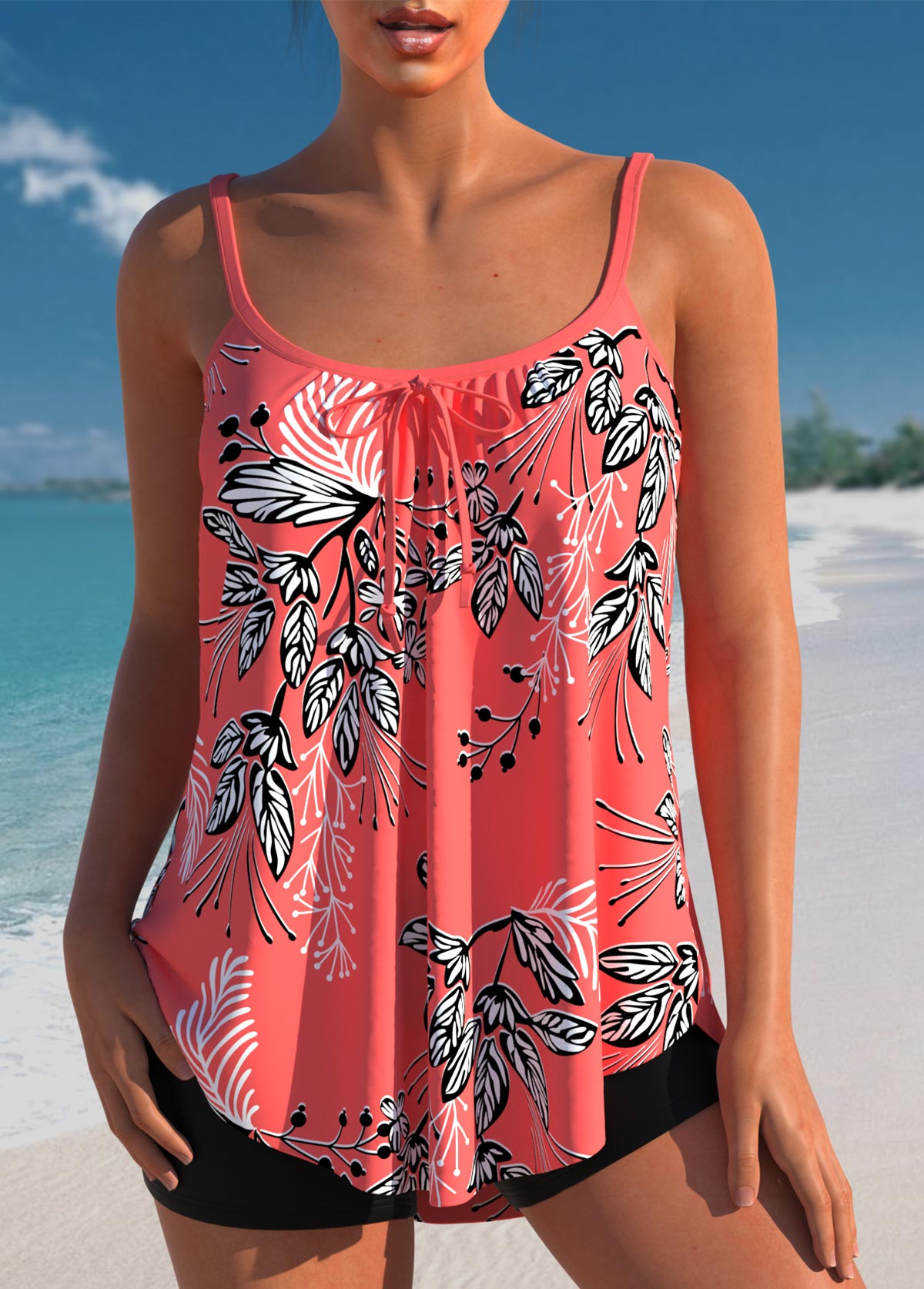 Bowknot Leaf Print Coral Red Tankini Top