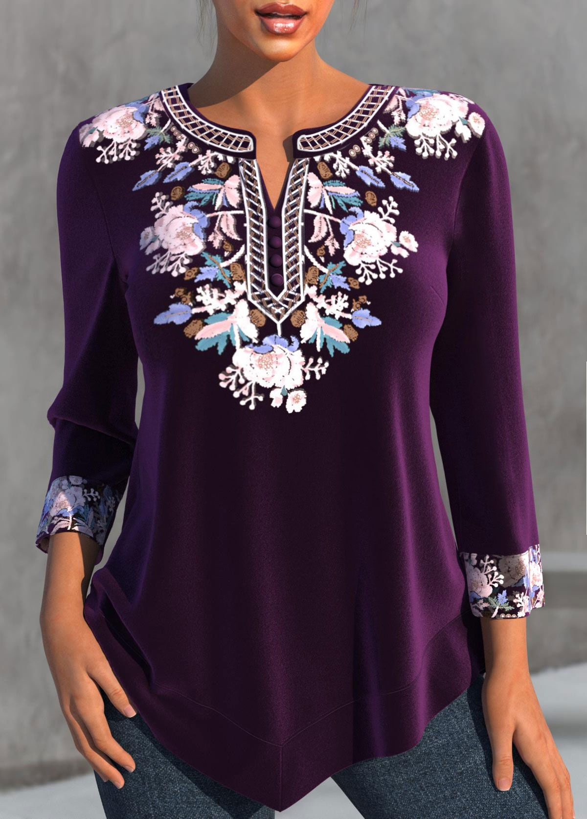 Purple Split Neck Velvet Tribal Print Blouse