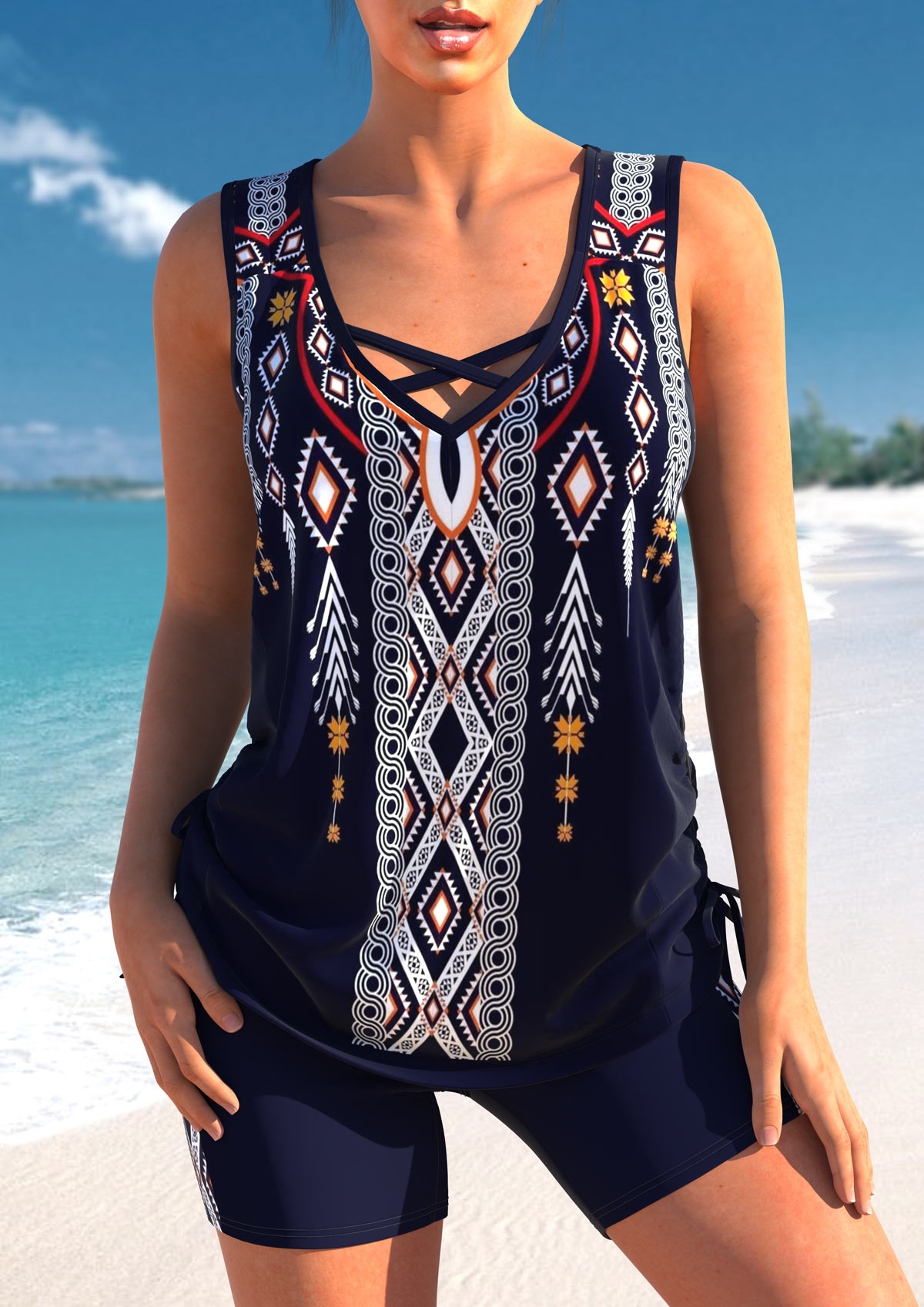 Criss Cross Tribal Print Navy Tankini Top