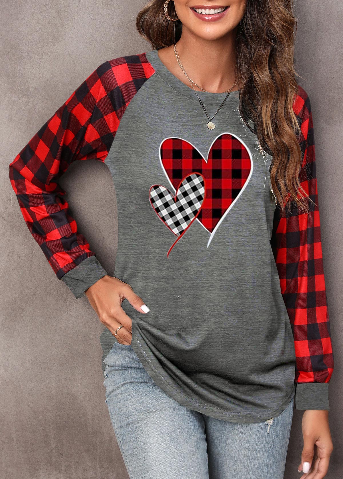 Grey Plaid Long Sleeve Round Neck T Shirt