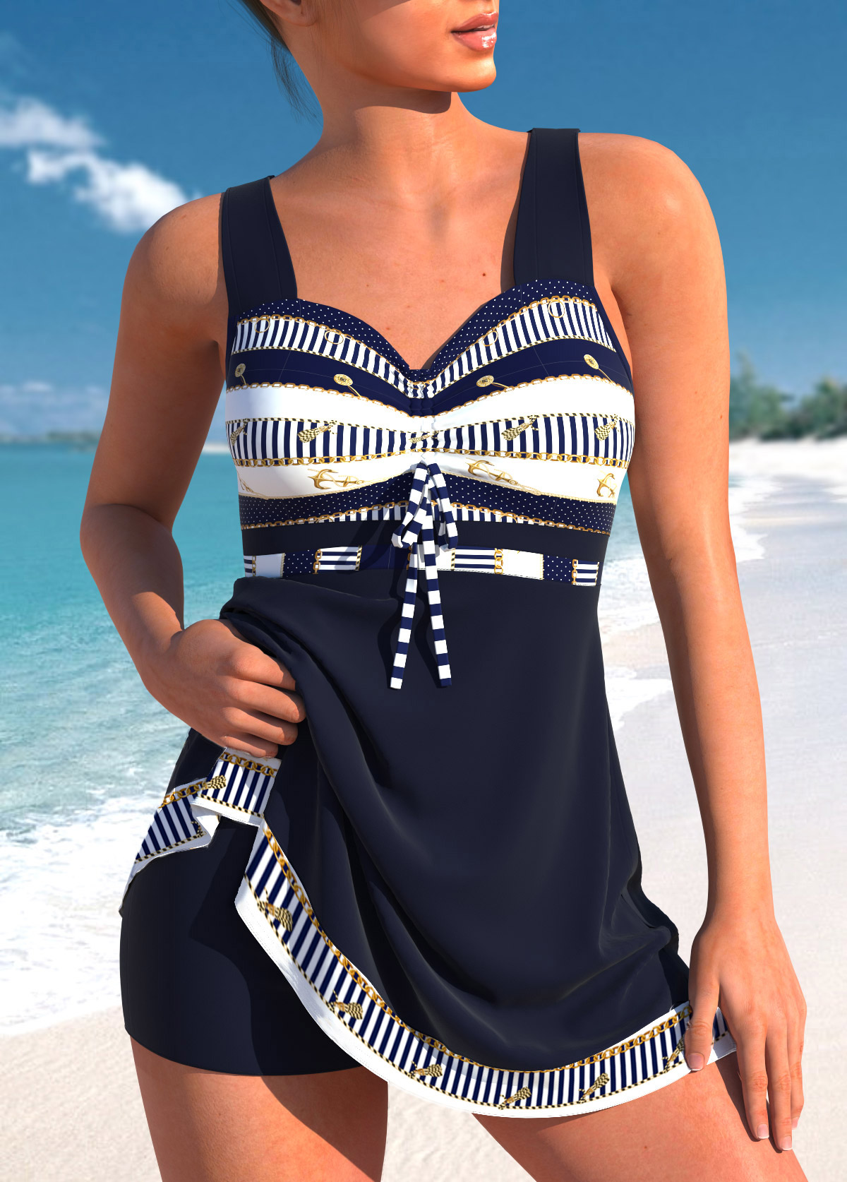 Bowknot Striped Navy Cross Strap Swimdress Top