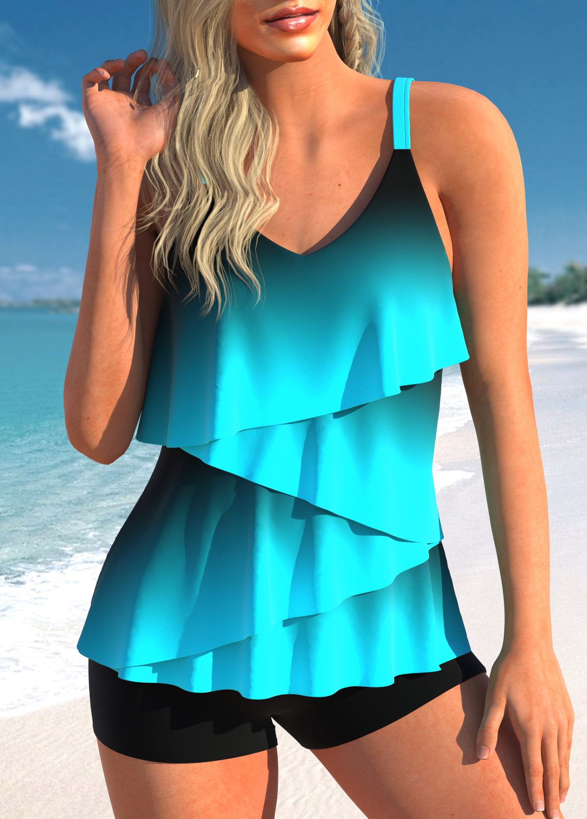 Layered Hem Ombre Cyan Tankini Top