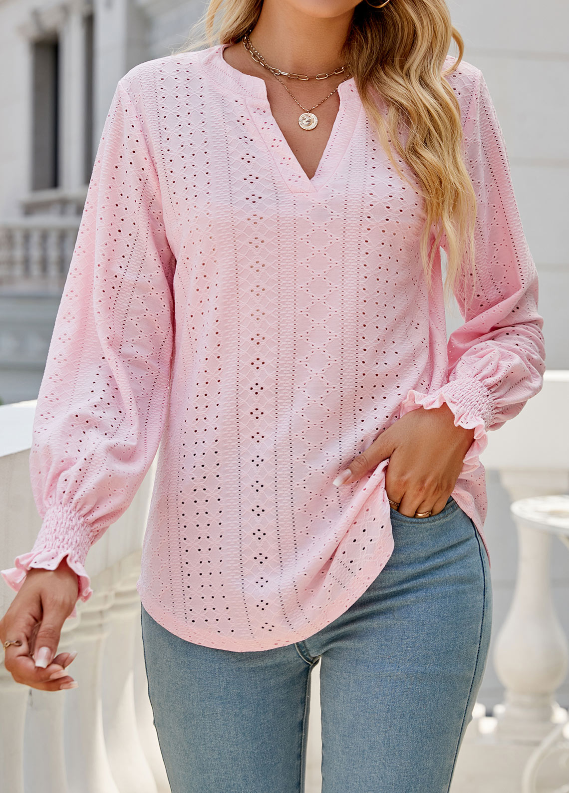 Light Pink Breathable Long Sleeve Split Neck Blouse