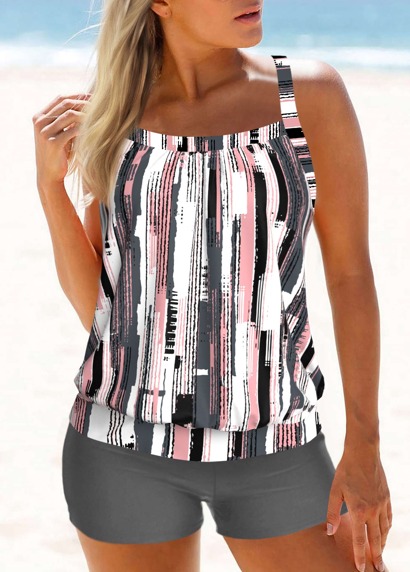 Criss Cross Geometric Print Grey Tankini Top
